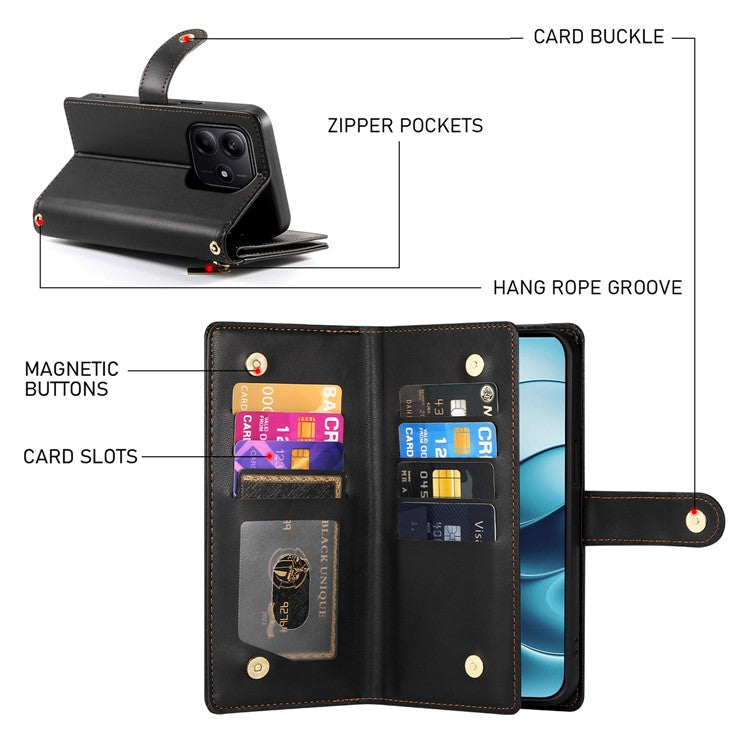 DF-011 For Xiaomi Redmi Note 14 5G / 14 4G Case Zipper Pocket Wallet Leather Phone Cover with Straps - Black
