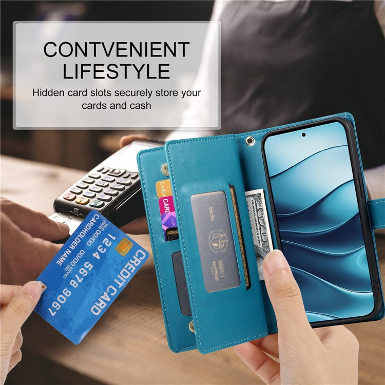 DF-011 For Xiaomi Redmi Note 14 5G / 14 4G Case Zipper Pocket Wallet Leather Phone Cover with Straps - Blue