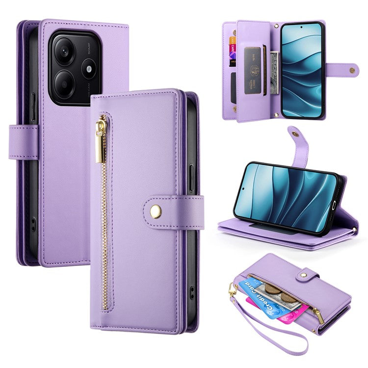 DF-011 For Xiaomi Redmi Note 14 5G / 14 4G Case Zipper Pocket Wallet Leather Phone Cover with Straps - Purple