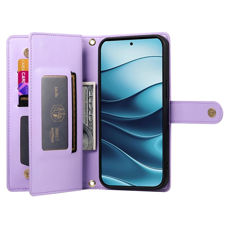 DF-011 For Xiaomi Redmi Note 14 5G / 14 4G Case Zipper Pocket Wallet Leather Phone Cover with Straps - Purple