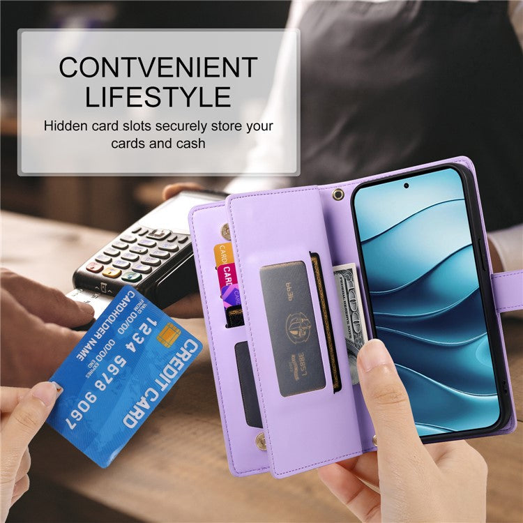 DF-011 For Xiaomi Redmi Note 14 5G / 14 4G Case Zipper Pocket Wallet Leather Phone Cover with Straps - Purple