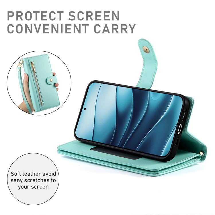 DF-011 For Xiaomi Redmi Note 14 5G / 14 4G Case Zipper Pocket Wallet Leather Phone Cover with Straps - Mint Green