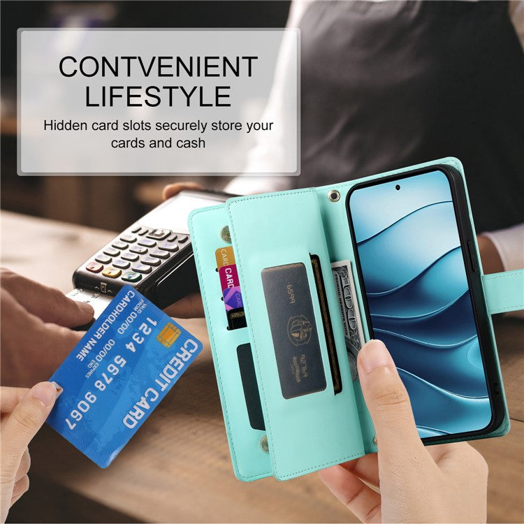 DF-011 For Xiaomi Redmi Note 14 5G / 14 4G Case Zipper Pocket Wallet Leather Phone Cover with Straps - Mint Green