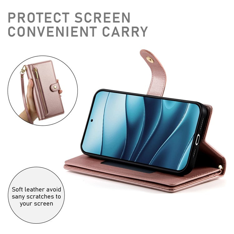 DF-011 For Xiaomi Redmi Note 14 5G / 14 4G Case Zipper Pocket Wallet Leather Phone Cover with Straps - Pink