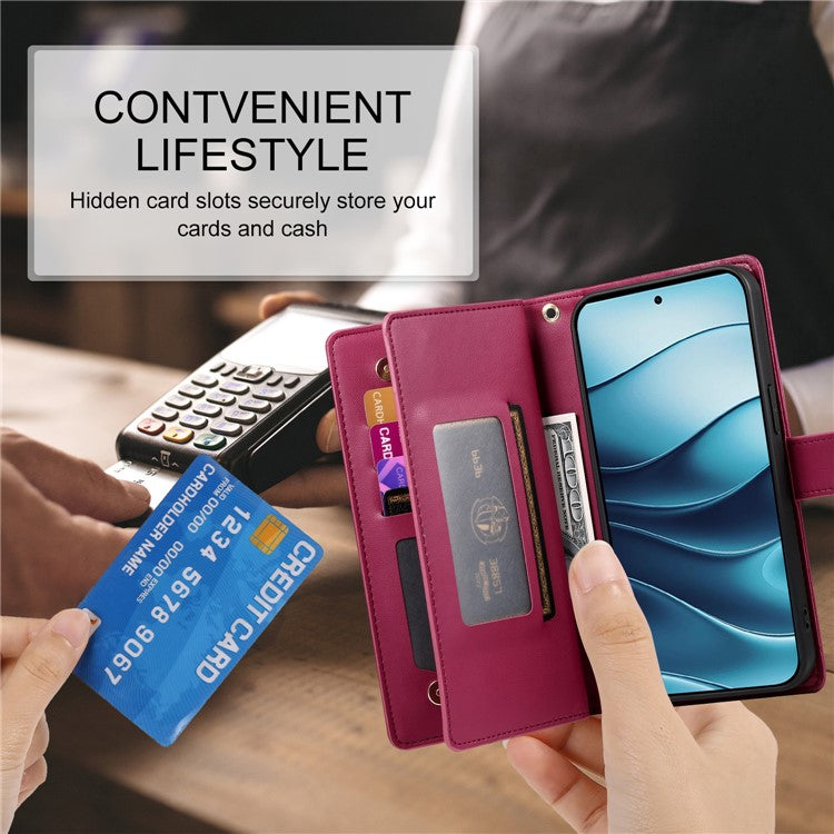 DF-011 For Xiaomi Redmi Note 14 5G / 14 4G Case Zipper Pocket Wallet Leather Phone Cover with Straps - Red