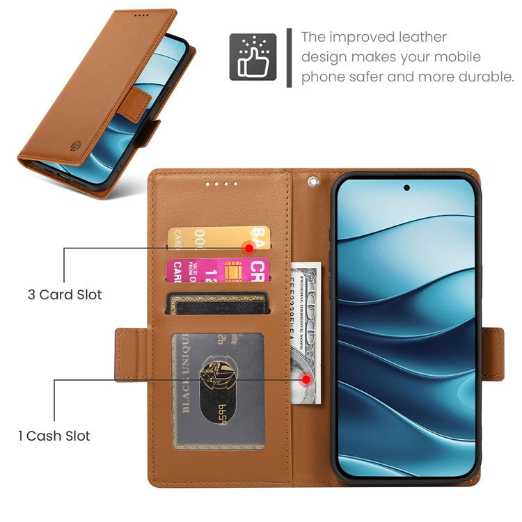DF-010 For Xiaomi Redmi Note 14 5G / 14 4G Stand Case PU Leather Wallet Phone Cover - Brown