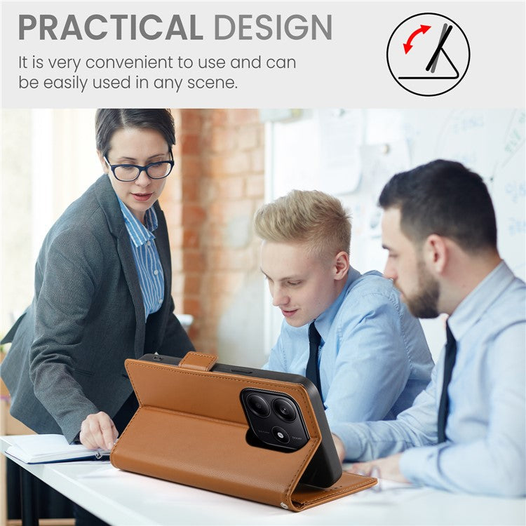 DF-010 For Xiaomi Redmi Note 14 5G / 14 4G Stand Case PU Leather Wallet Phone Cover - Brown