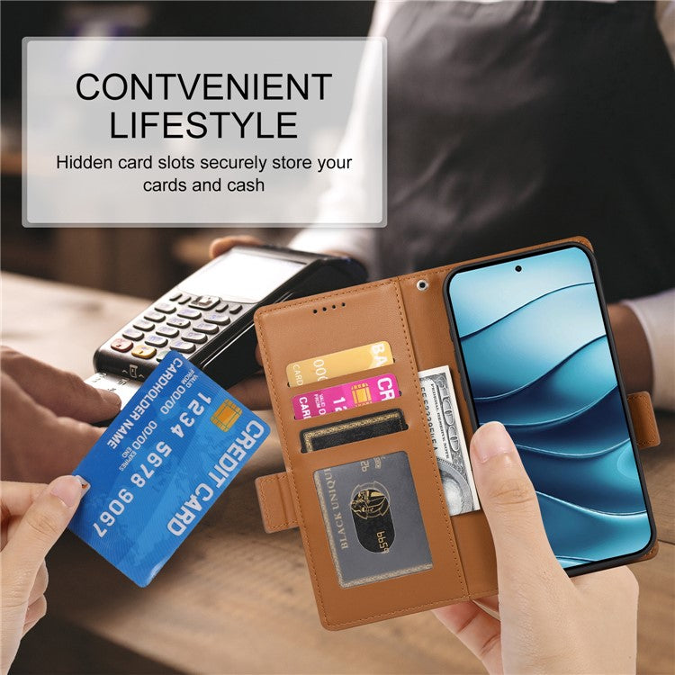 DF-010 For Xiaomi Redmi Note 14 5G / 14 4G Stand Case PU Leather Wallet Phone Cover - Brown