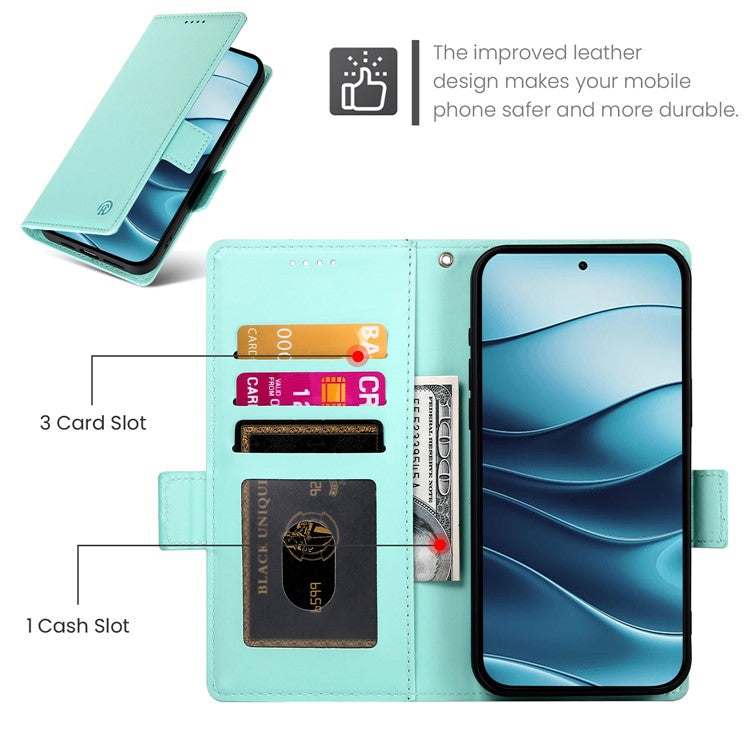 DF-010 For Xiaomi Redmi Note 14 5G / 14 4G Stand Case PU Leather Wallet Phone Cover - Mint Green