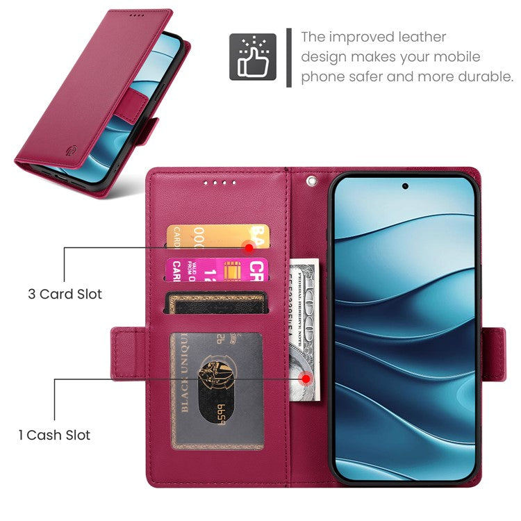 DF-010 For Xiaomi Redmi Note 14 5G / 14 4G Stand Case PU Leather Wallet Phone Cover - Wine Red