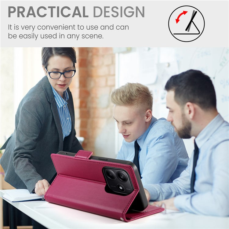 DF-010 For Xiaomi Redmi Note 14 5G / 14 4G Stand Case PU Leather Wallet Phone Cover - Wine Red