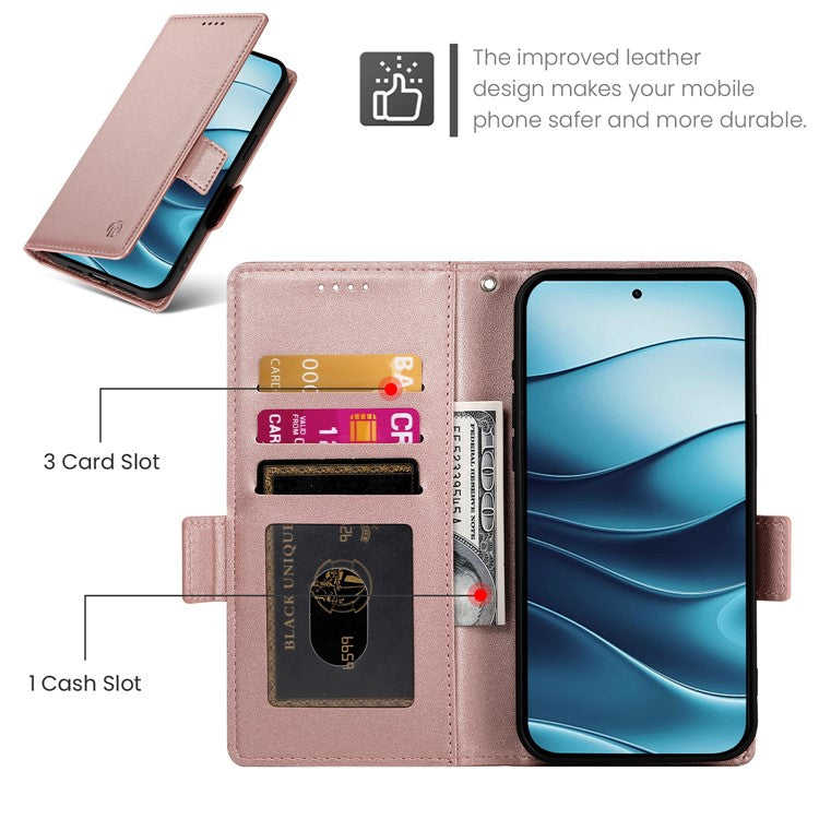 DF-010 For Xiaomi Redmi Note 14 5G / 14 4G Stand Case PU Leather Wallet Phone Cover - Rose Gold
