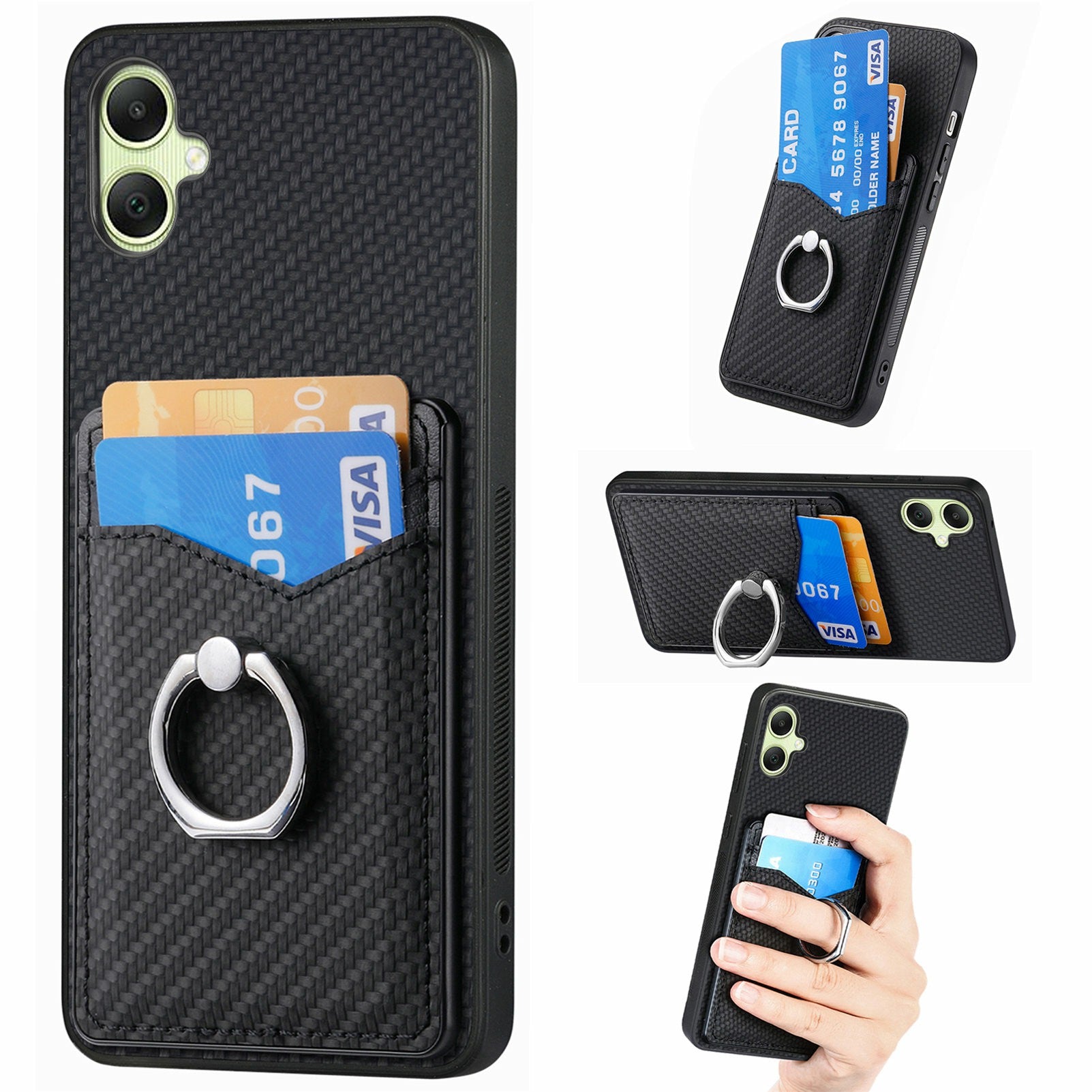 For Samsung Galaxy A06 Case Card Slots Ring Holder Kickstand Phone Cover - Black