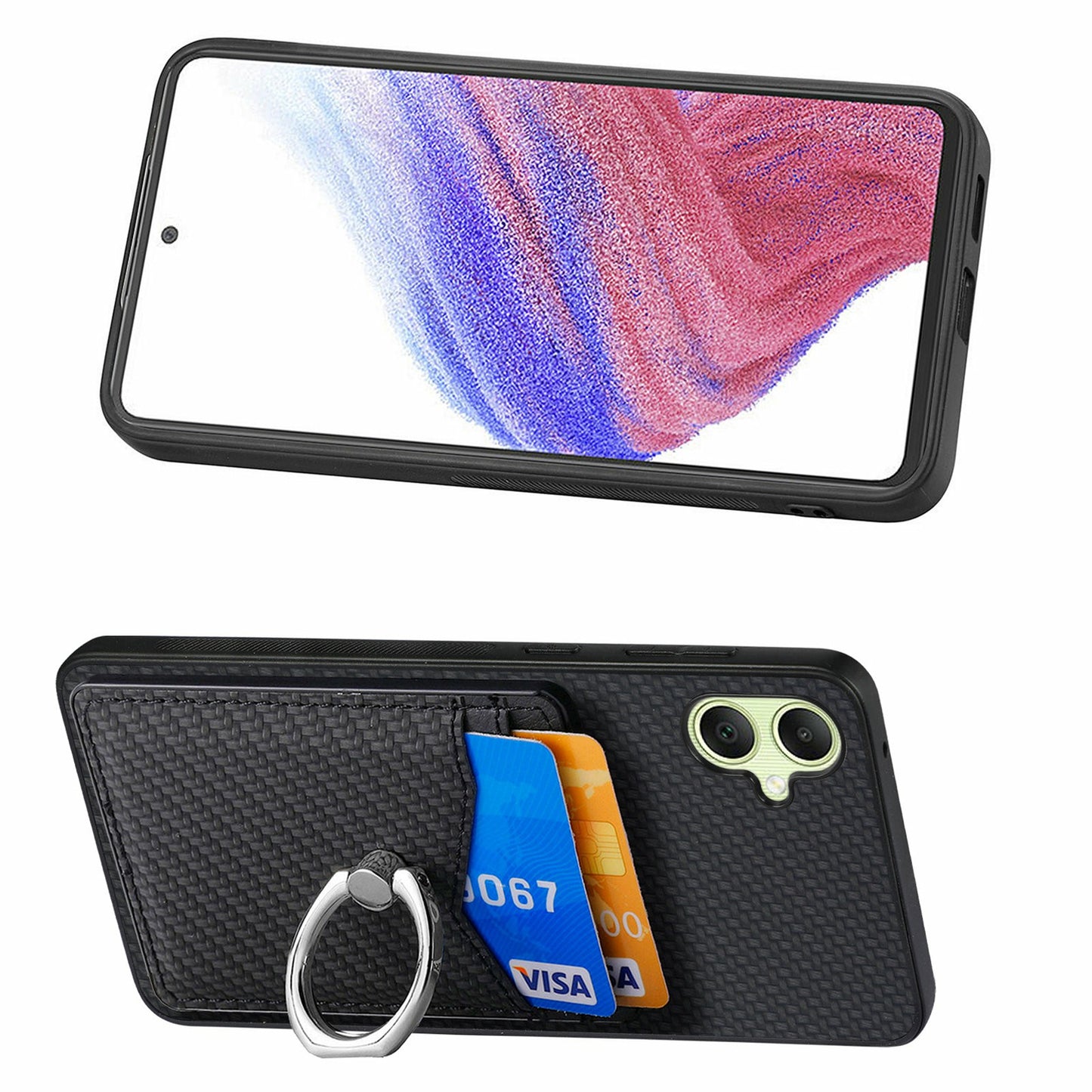 For Samsung Galaxy A06 Case Card Slots Ring Holder Kickstand Phone Cover - Black