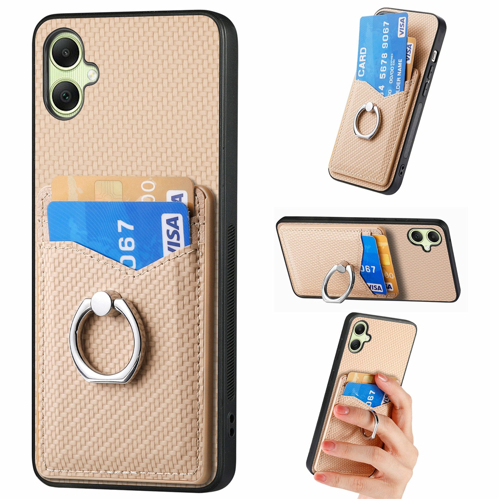 For Samsung Galaxy A06 Case Card Slots Ring Holder Kickstand Phone Cover - Apricot
