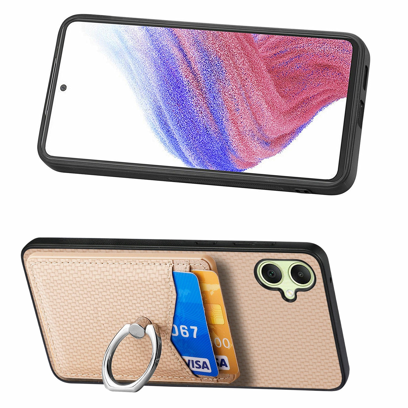 For Samsung Galaxy A06 Case Card Slots Ring Holder Kickstand Phone Cover - Apricot