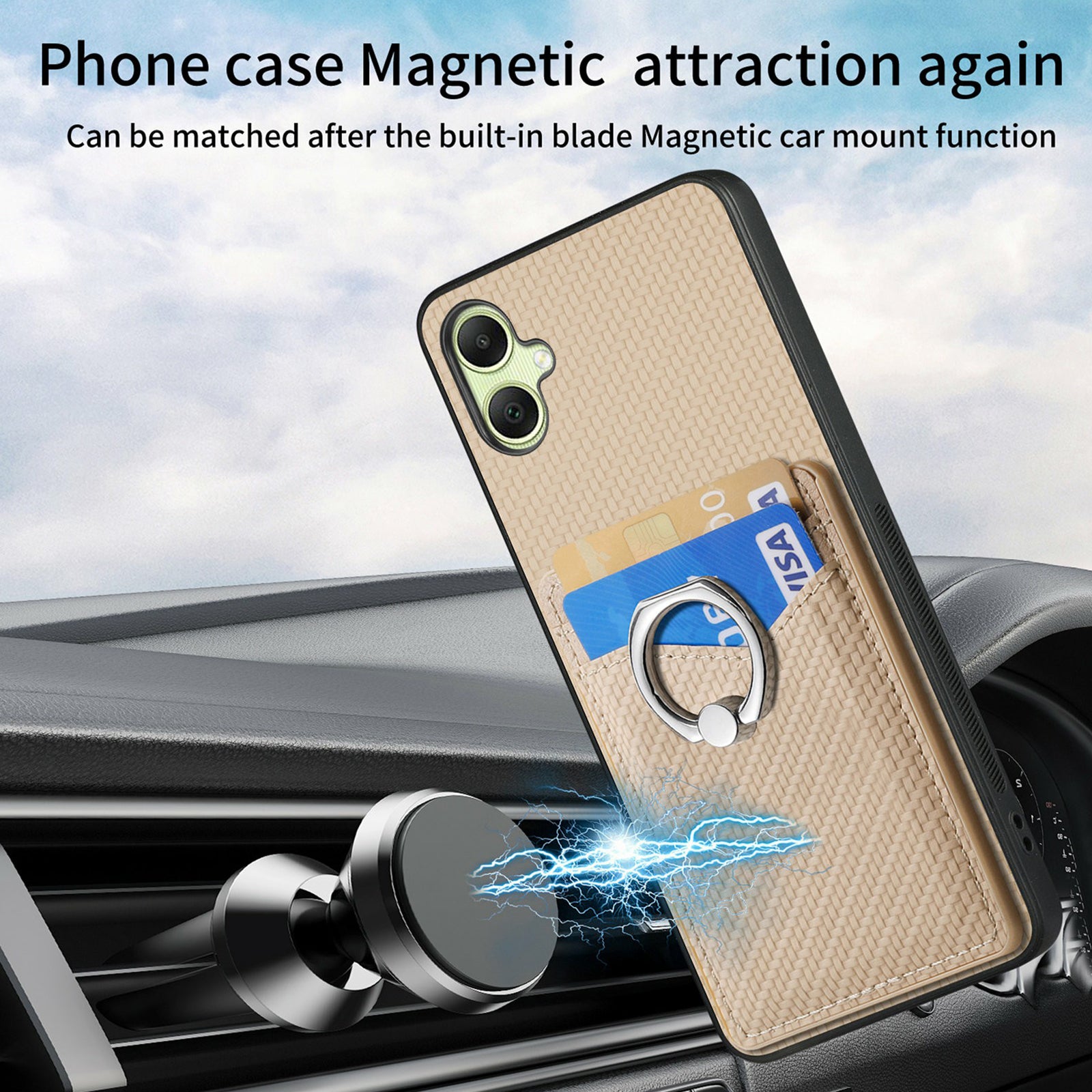 For Samsung Galaxy A06 Case Card Slots Ring Holder Kickstand Phone Cover - Apricot