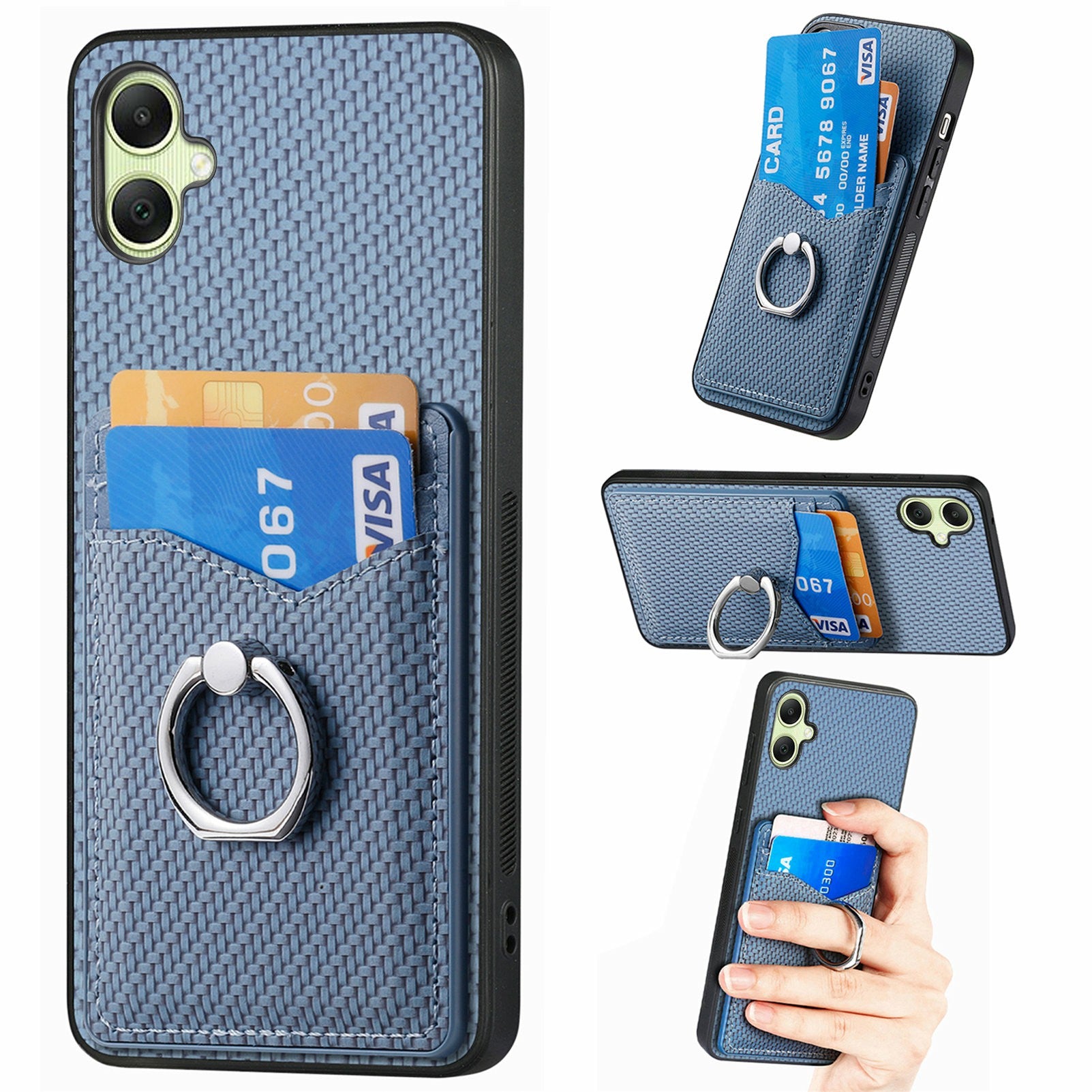 For Samsung Galaxy A06 Case Card Slots Ring Holder Kickstand Phone Cover - Blue