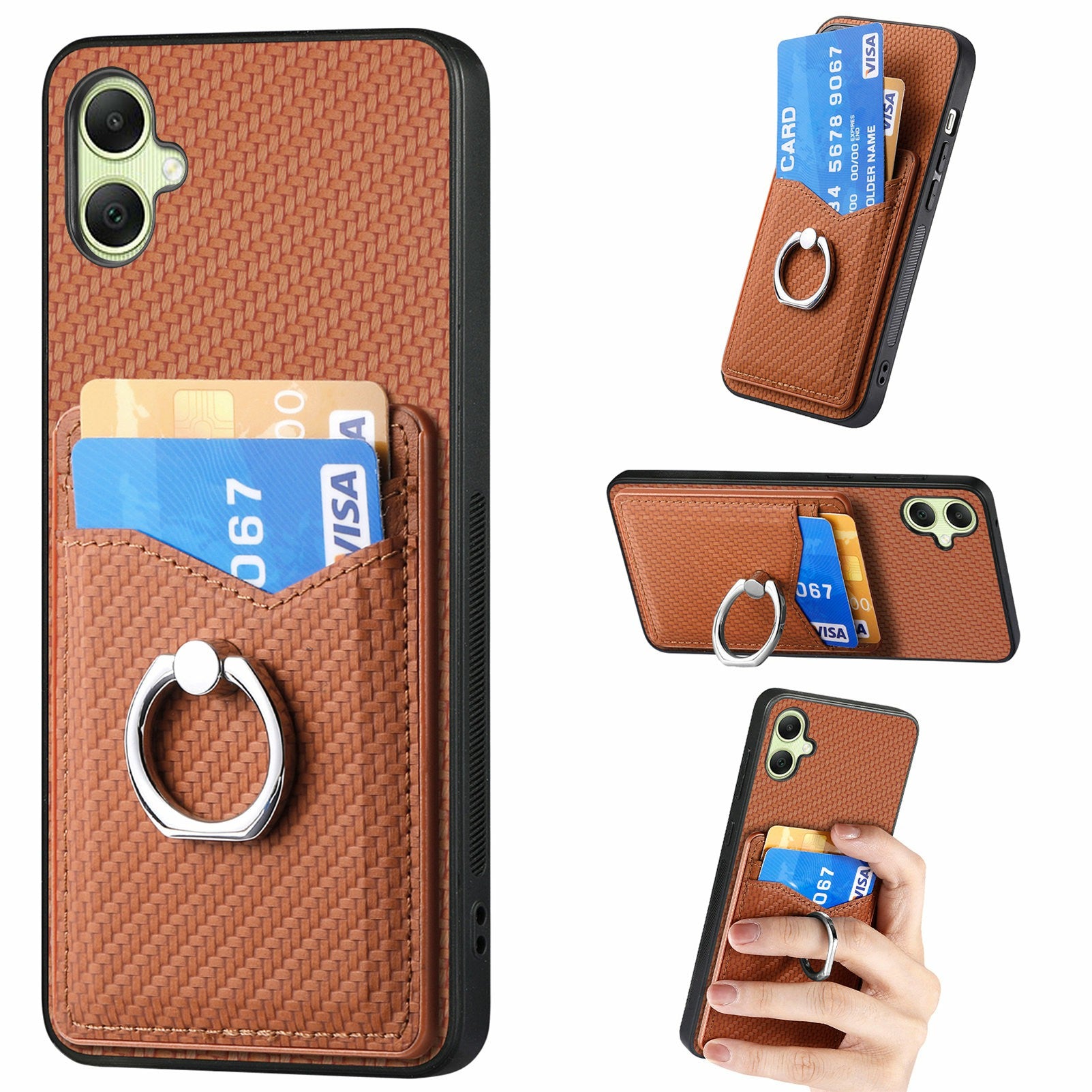 For Samsung Galaxy A06 Case Card Slots Ring Holder Kickstand Phone Cover - Brown
