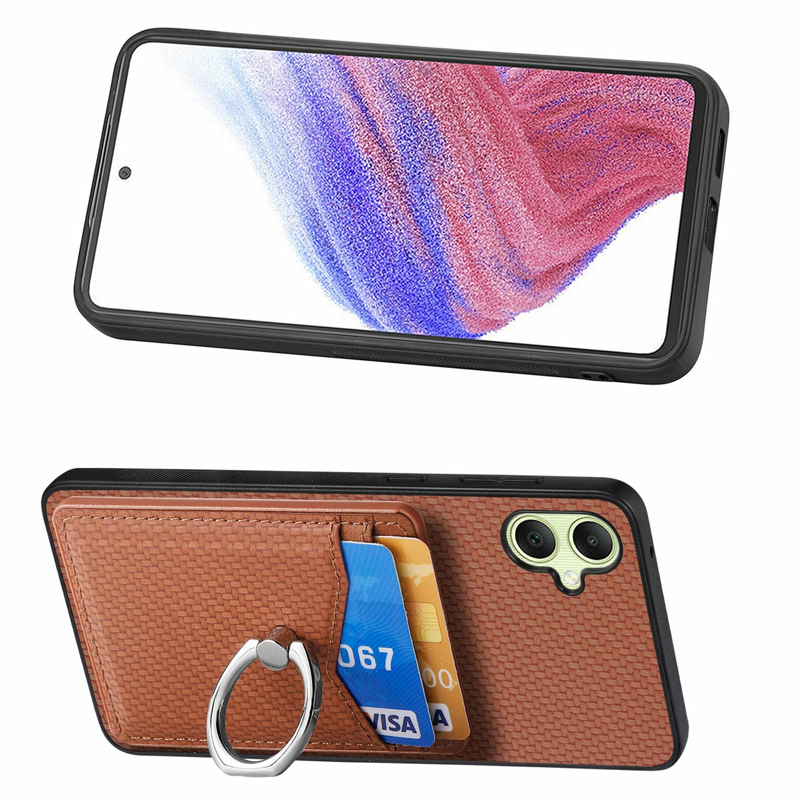 For Samsung Galaxy A06 Case Card Slots Ring Holder Kickstand Phone Cover - Brown