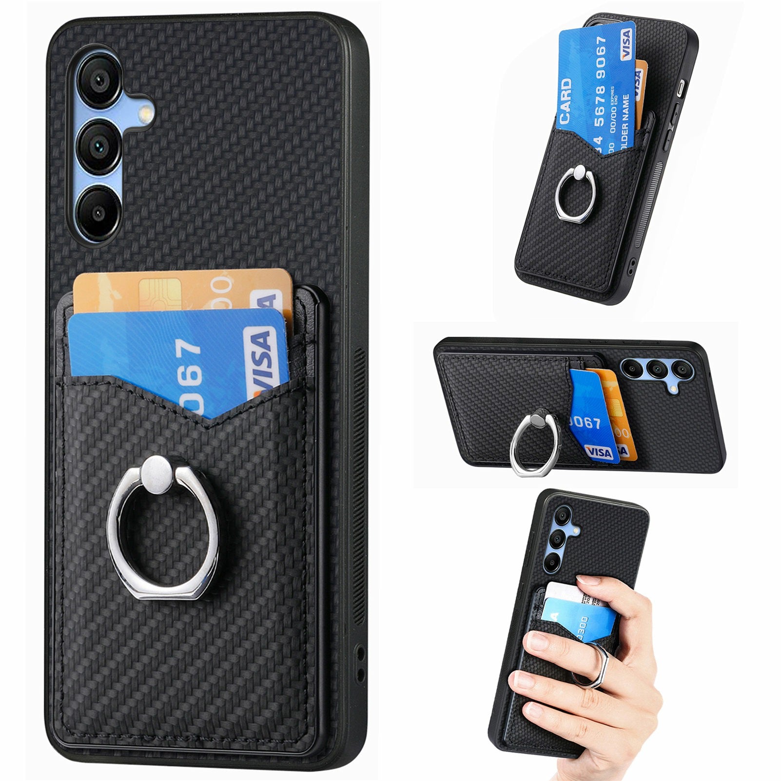 For Samsung Galaxy A16 4G / 5G Case Card Slots Ring Holder Kickstand Phone Cover - Black