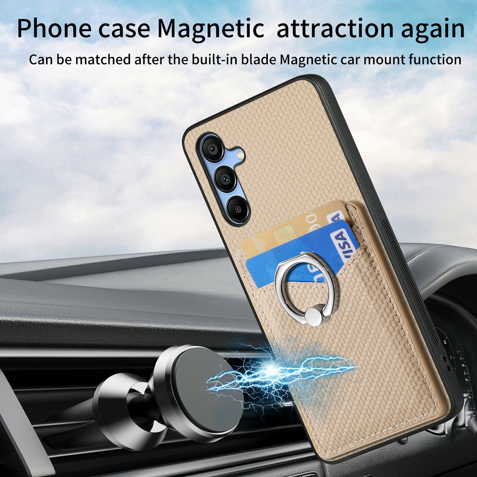 For Samsung Galaxy A16 4G / 5G Case Card Slots Ring Holder Kickstand Phone Cover - Apricot