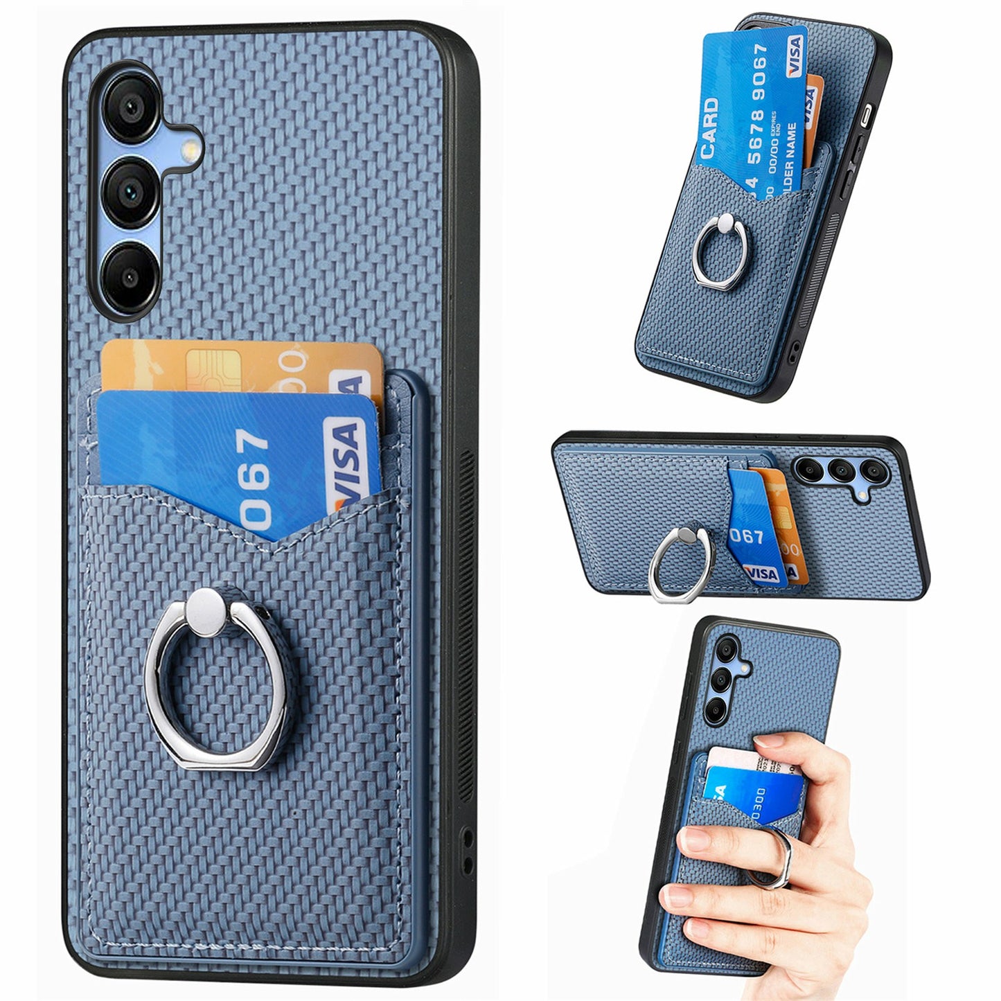 For Samsung Galaxy A16 4G / 5G Case Card Slots Ring Holder Kickstand Phone Cover - Blue