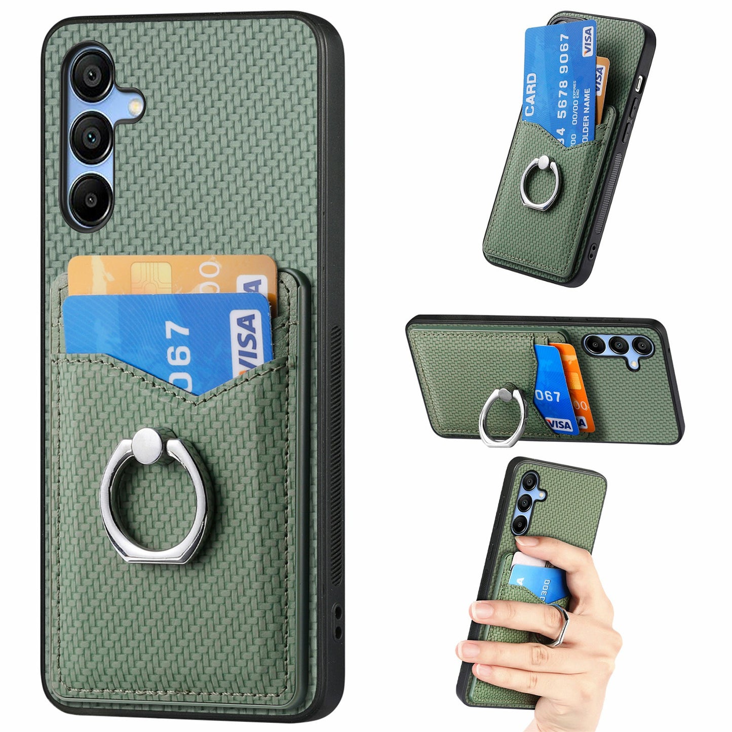 For Samsung Galaxy A16 4G / 5G Case Card Slots Ring Holder Kickstand Phone Cover - Green