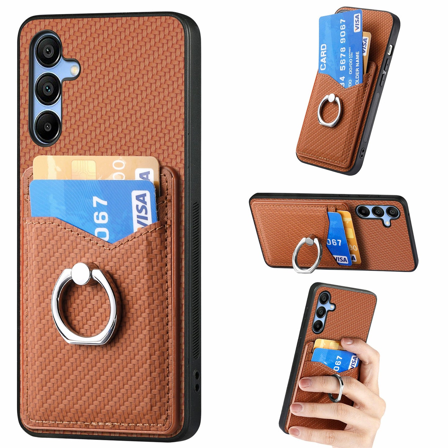 For Samsung Galaxy A16 4G / 5G Case Card Slots Ring Holder Kickstand Phone Cover - Brown
