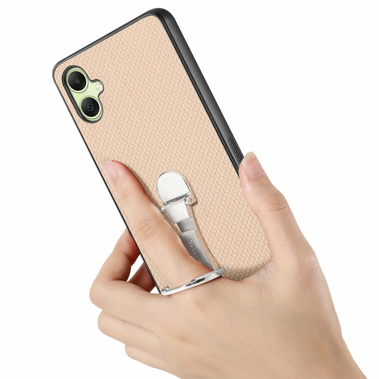 CASENEO C1-19 For Samsung Galaxy A06 Case Folding Kickstand Leather Back Cover Carbon Fiber Texture - Apricot