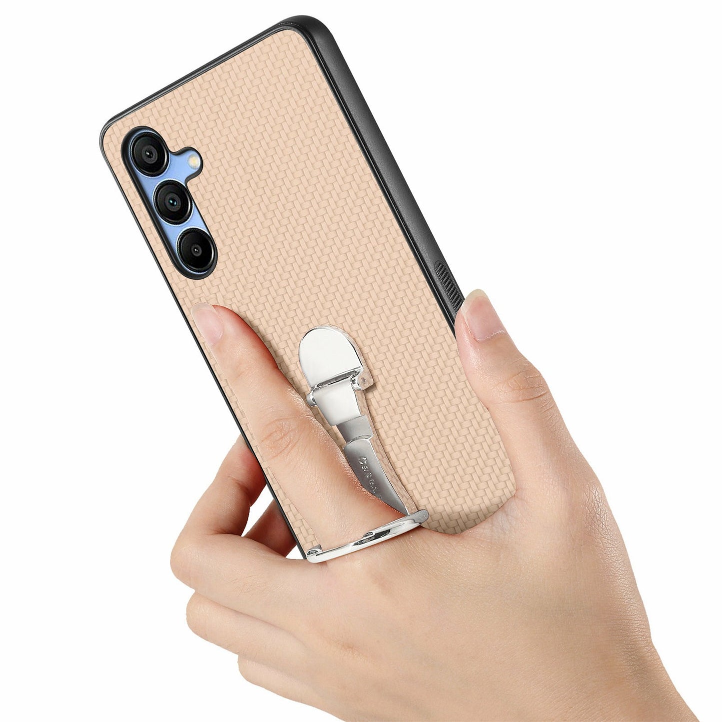 CASENEO C1-19 For Samsung Galaxy A16 4G / 5G Case Folding Kickstand Leather Back Cover Carbon Fiber Texture - Apricot