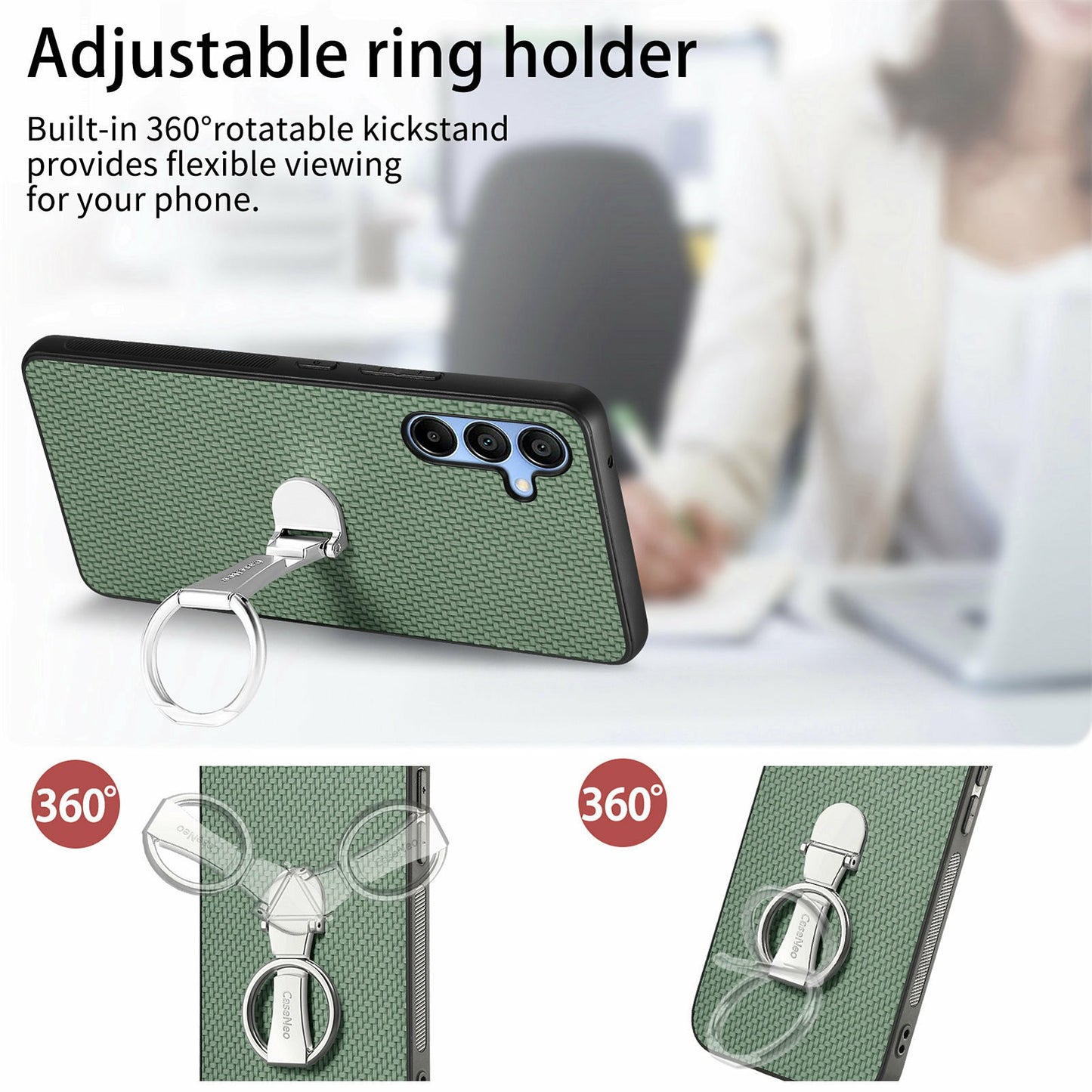 CASENEO C1-19 For Samsung Galaxy A16 4G / 5G Case Folding Kickstand Leather Back Cover Carbon Fiber Texture - Green