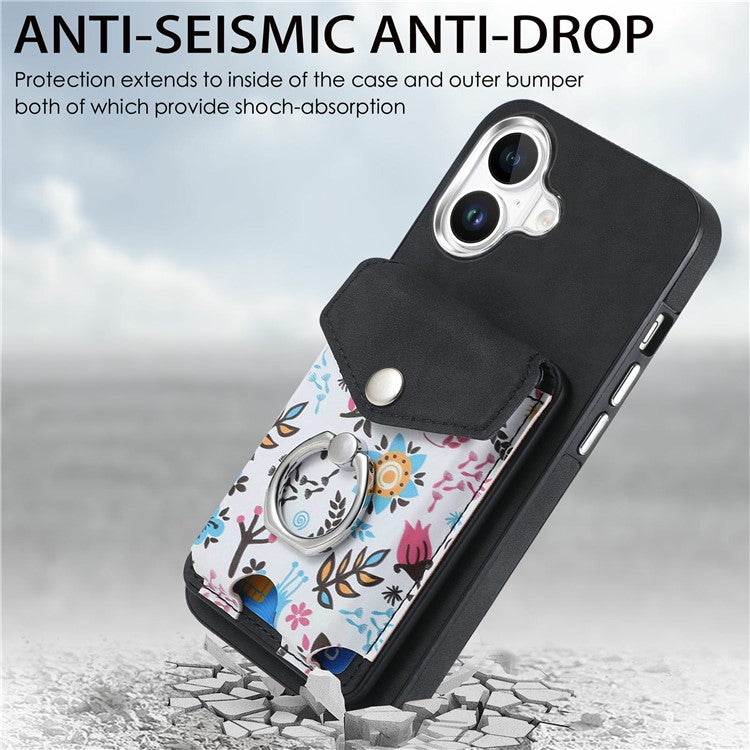 For iPhone 16 Plus Case Compatible with MagSafe Card Bag Leather+TPU Phone Cover - Black
