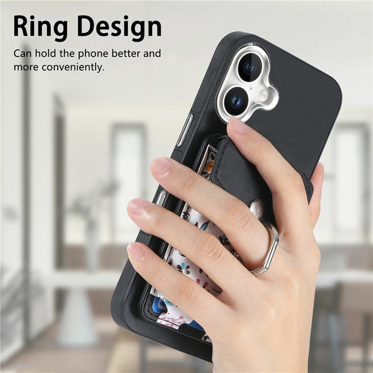 For iPhone 16 Plus Case Compatible with MagSafe Card Bag Leather+TPU Phone Cover - Black