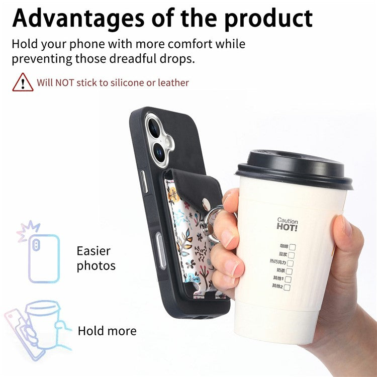 For iPhone 16 Plus Case Compatible with MagSafe Card Bag Leather+TPU Phone Cover - Black