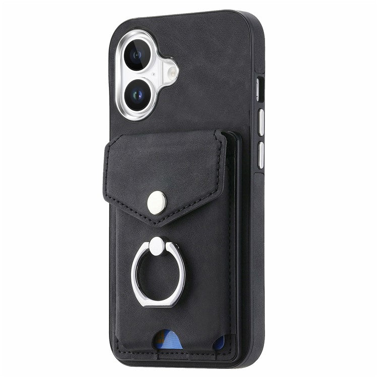 For iPhone 16 Plus Case Ring Kickstand Leather Coated TPU Back Cover with Card Holder - Black