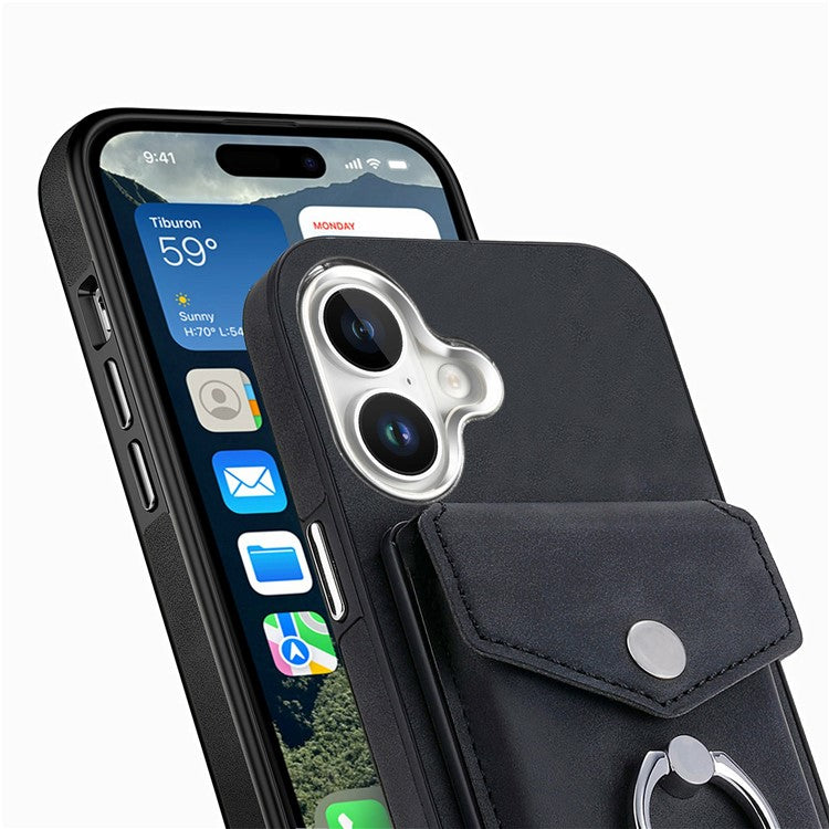 For iPhone 16 Plus Case Ring Kickstand Leather Coated TPU Back Cover with Card Holder - Black