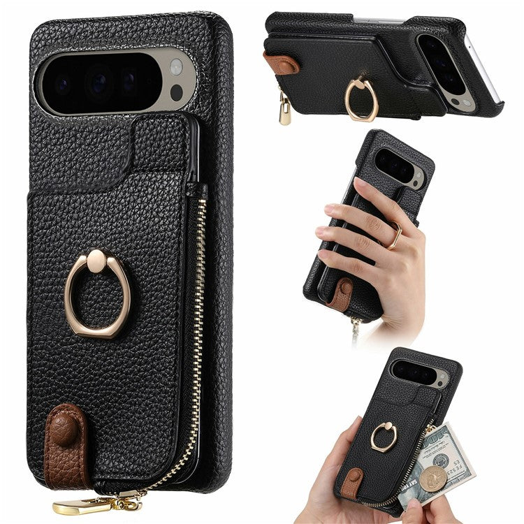 For Google Pixel 9 Pro XL Case Card Holder Kickstand Leather+TPU Phone Cover with Zipper Pocket - Black