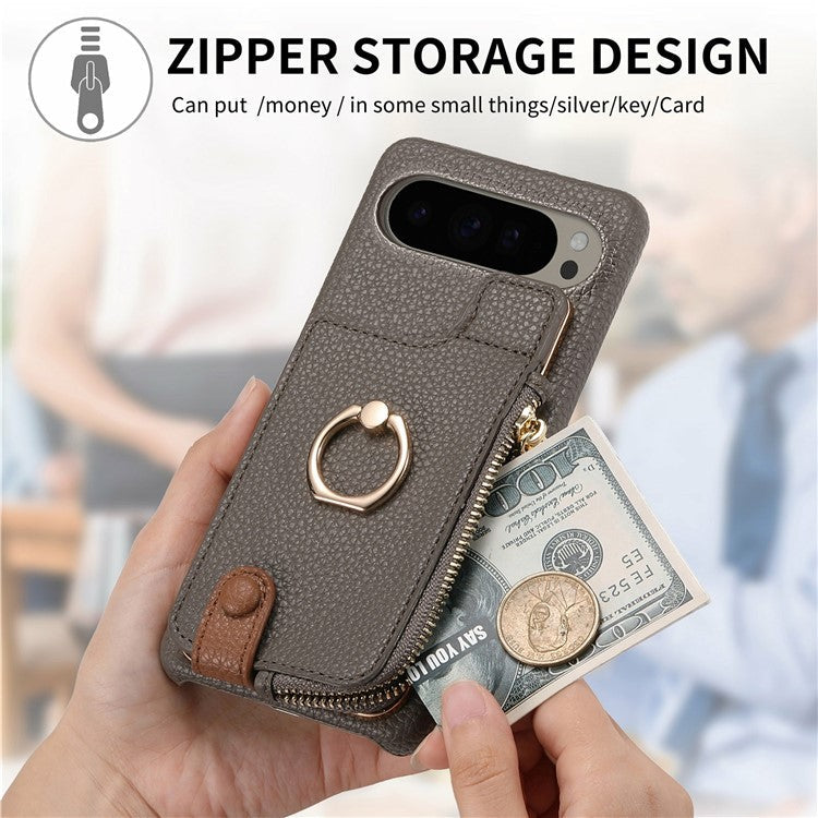 For Google Pixel 9 Pro XL Case Card Holder Kickstand Leather+TPU Phone Cover with Zipper Pocket - Grey