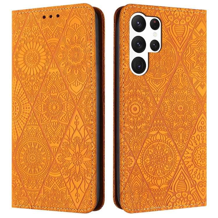 For Samsung Galaxy S25 Ultra Case Imprinted Flower Wallet Stand Leather Phone Cover - Yellow