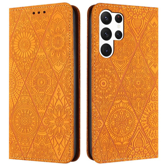 For Samsung Galaxy S25 Ultra Case Imprinted Flower Wallet Stand Leather Phone Cover - Yellow