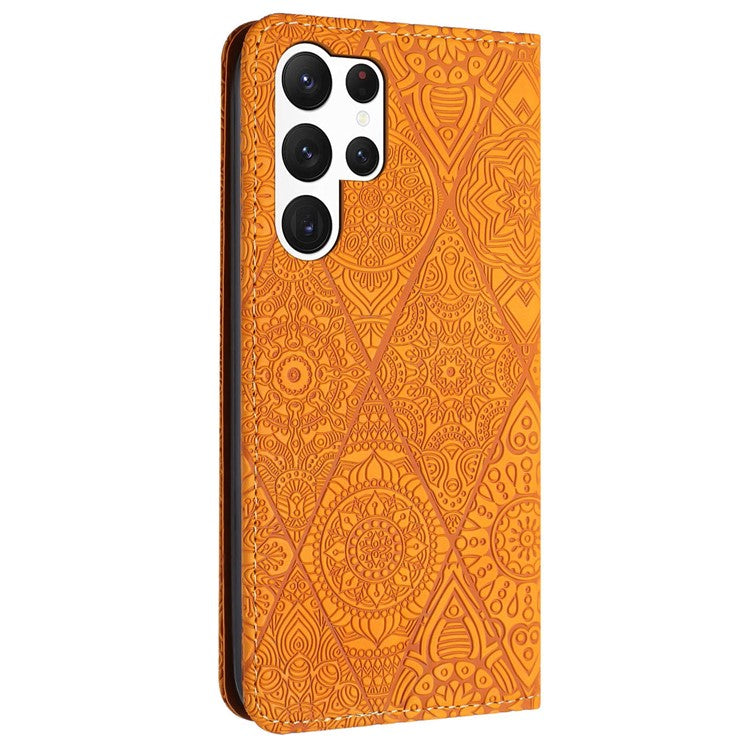 For Samsung Galaxy S25 Ultra Case Imprinted Flower Wallet Stand Leather Phone Cover - Yellow