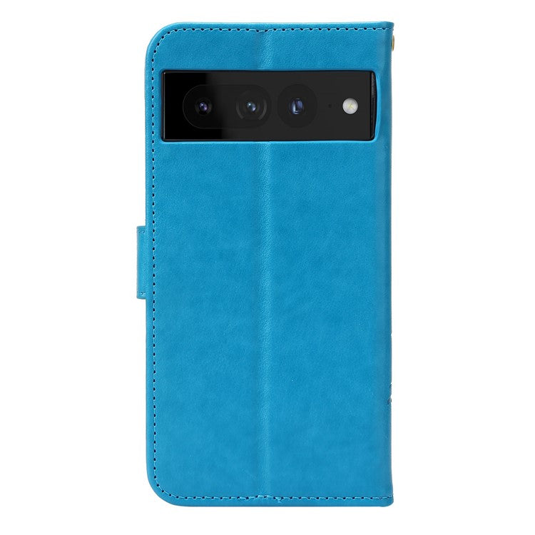For Google Pixel 7 Pro Wallet Stand PU Leather Imprinting Flower Butterflies Case Full Protection Inner TPU Phone Cover with Strap - Blue
