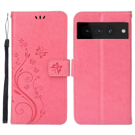 For Google Pixel 7 Pro Wallet Stand PU Leather Imprinting Flower Butterflies Case Full Protection Inner TPU Phone Cover with Strap - Pink