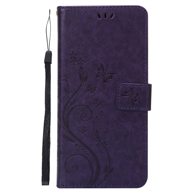 For Google Pixel 7 Pro Wallet Stand PU Leather Imprinting Flower Butterflies Case Full Protection Inner TPU Phone Cover with Strap - Dark Purple