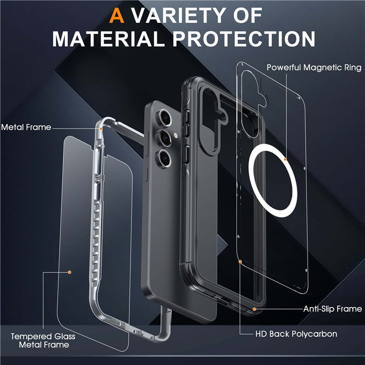 For Samsung Galaxy S24 FE Magnetic Case PC+TPU Phone Cover with Tempered Glass Screen Film - Black