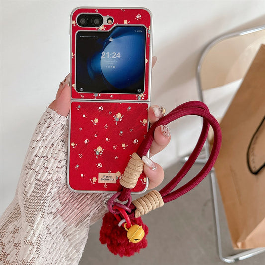 For Samsung Galaxy Z Flip7 FE 5G / Z Flip6 5G Case Leather+PC Floral Phone Cover with Hand Strap - Red