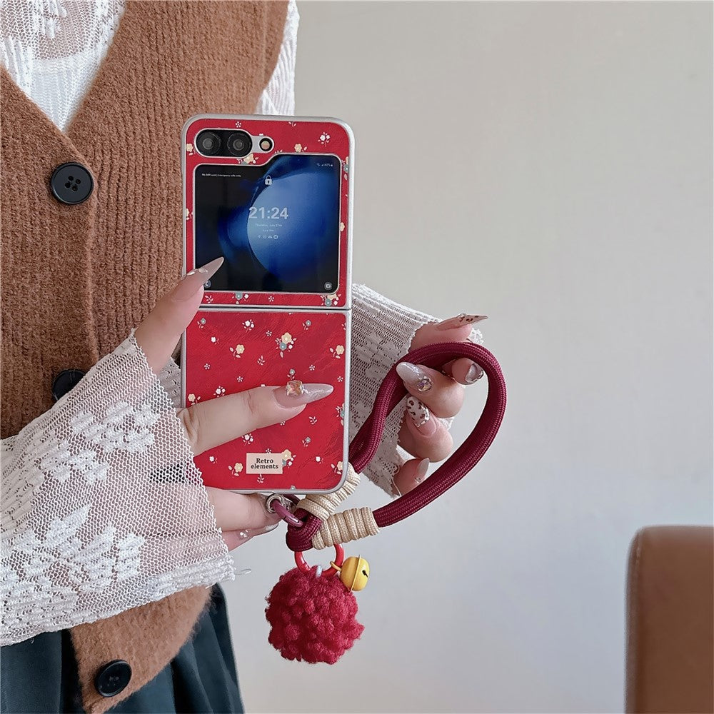For Samsung Galaxy Z Flip7 FE 5G / Z Flip6 5G Case Leather+PC Floral Phone Cover with Hand Strap - Red