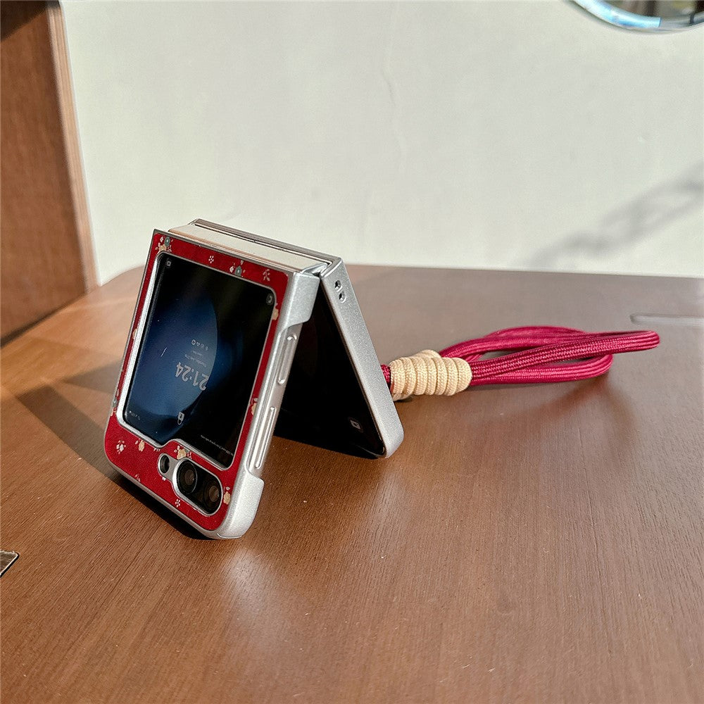 For Samsung Galaxy Z Flip7 FE 5G / Z Flip6 5G Case Leather+PC Floral Phone Cover with Hand Strap - Red