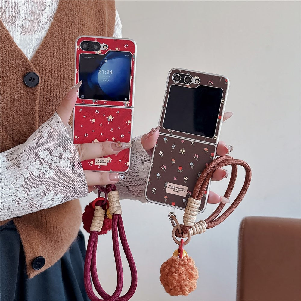 For Samsung Galaxy Z Flip7 FE 5G / Z Flip6 5G Case Leather+PC Floral Phone Cover with Hand Strap - Red